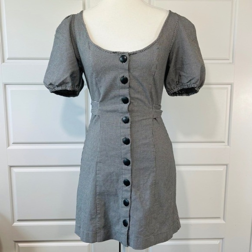 Urban Outfitters Black White Houndstooth Puff Sleeve Button Front Mini Dress M‎